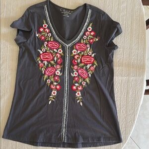 Grey Tee with Pink, Green, White, Yellow, Red Floral Embroidery Size Sm by Caite